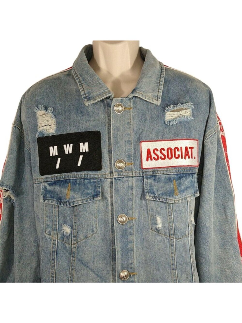 Mod Wave Movement Denim Jean Jacket Button Up Men Size XL Ripped Destroyed - Picture 2 of 12